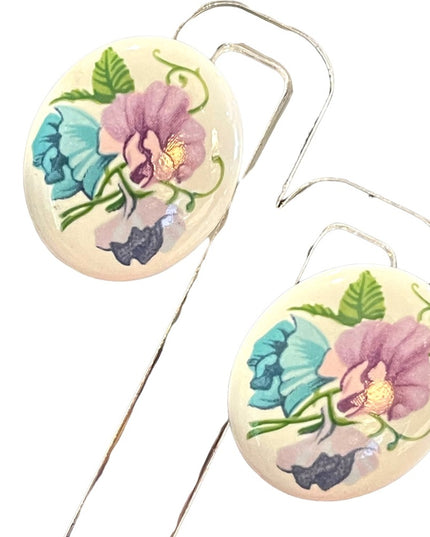Vintage 1970s  Hand painted Ceramic oval flower earrings