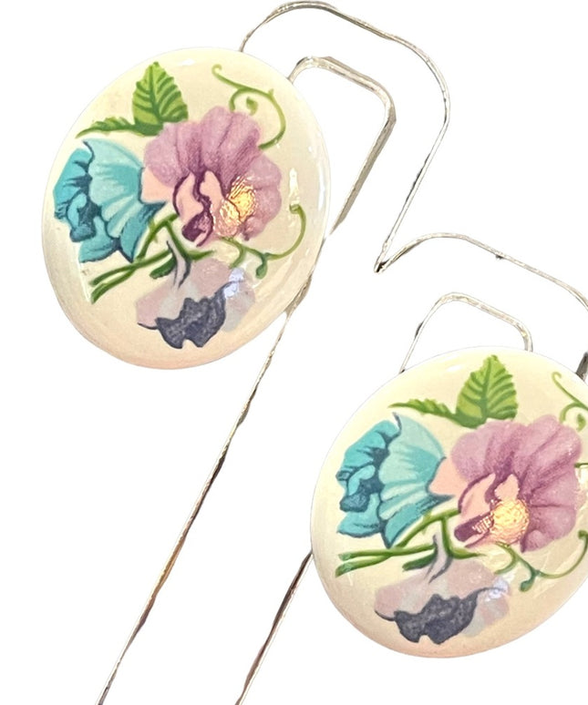 Vintage 1970s  Hand painted Ceramic oval flower earrings