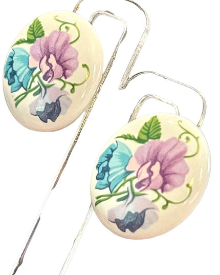 Vintage 1970s  Hand painted Ceramic oval flower earrings