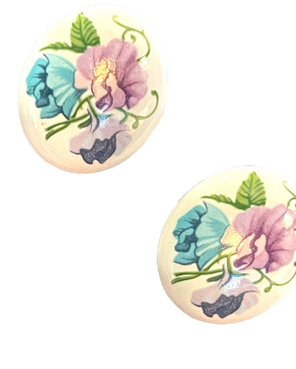 Vintage 1970s  Hand painted Ceramic oval flower earrings