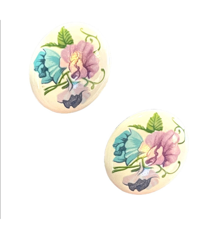 Vintage 1970s  Hand painted Ceramic oval flower earrings