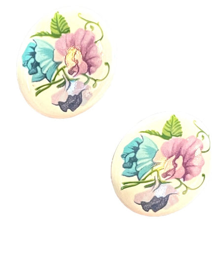 Vintage 1970s  Hand painted Ceramic oval flower earrings
