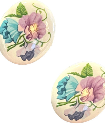 Vintage 1970s  Hand painted Ceramic oval flower earrings