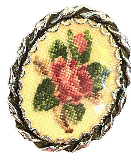 Vintage 1960s Petite Point Needlepoint flower silver finish brooch pendant