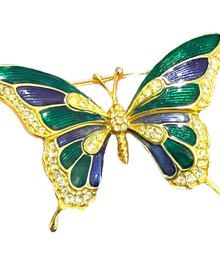 Vintage 1980s Dorlan Enameled rhinestone large butterfly brooch gold finish