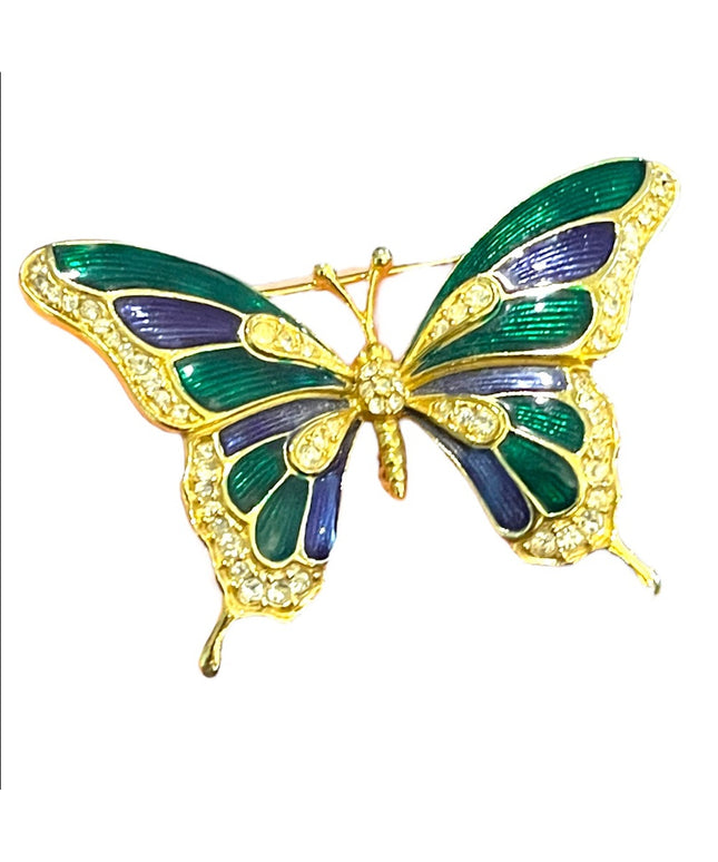 Vintage 1980s Dorlan Enameled rhinestone large butterfly brooch gold finish