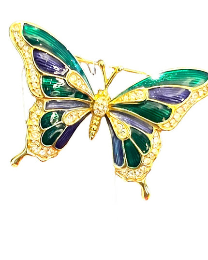 Vintage 1980s Dorlan Enameled rhinestone large butterfly brooch gold finish