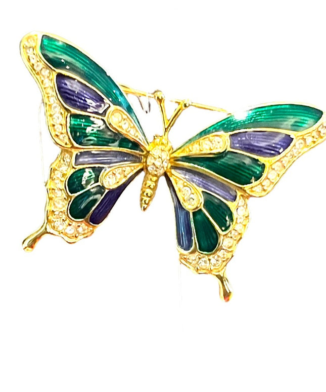 Vintage 1980s Dorlan Enameled rhinestone large butterfly brooch gold finish