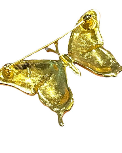 Vintage 1980s Dorlan Enameled rhinestone large butterfly brooch gold finish