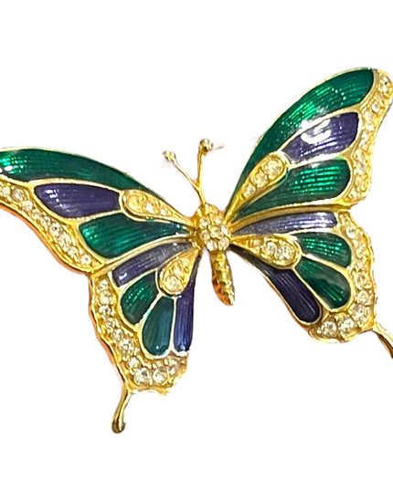 Vintage 1980s Dorlan Enameled rhinestone large butterfly brooch gold finish