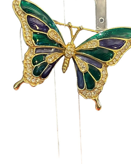 Vintage 1980s Dorlan Enameled rhinestone large butterfly brooch gold finish