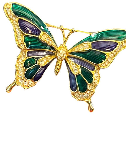 Vintage 1980s Dorlan Enameled rhinestone large butterfly brooch gold finish