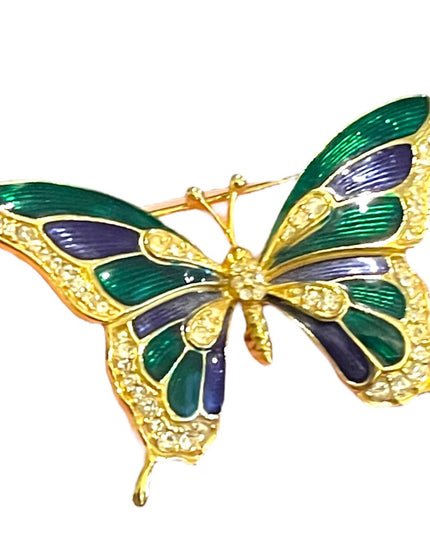 Vintage 1980s Dorlan Enameled rhinestone large butterfly brooch gold finish