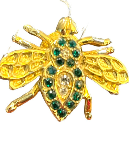 Vintage gold finish green crystal rhinestone bug insect brooch pin