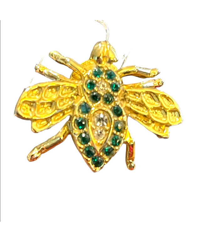 Vintage gold finish green crystal rhinestone bug insect brooch pin
