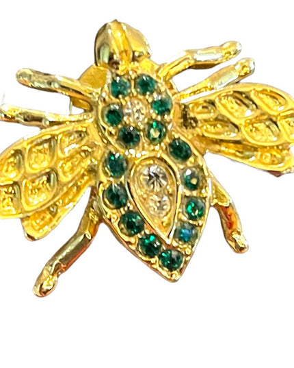Vintage gold finish green crystal rhinestone bug insect brooch pin