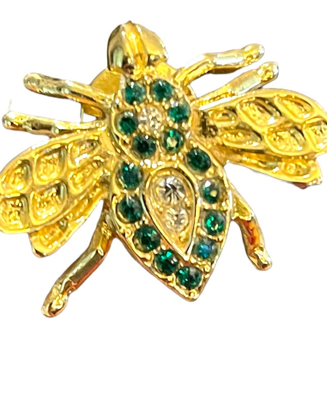 Vintage gold finish green crystal rhinestone bug insect brooch pin