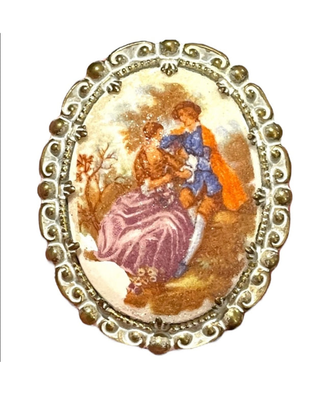 Vintage French scene Victorian Fragonard cameo brooch textured finish