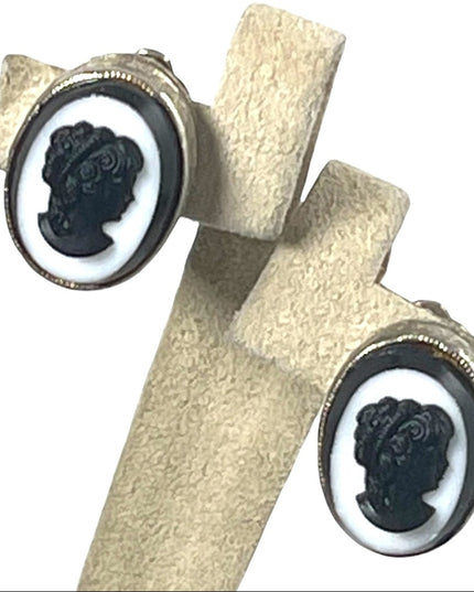 Vintage clip on cameo silouette earrings Black & white resin with silver finish