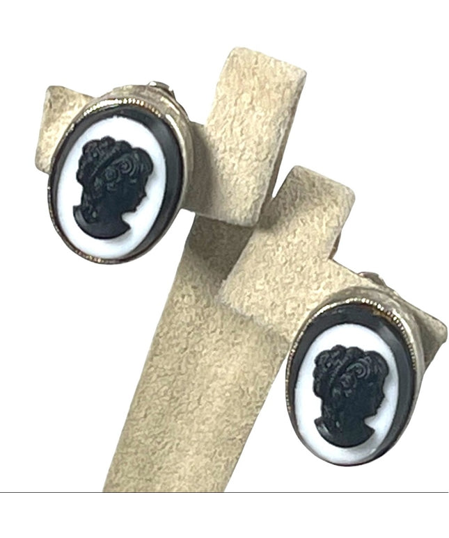 Vintage clip on cameo silouette earrings Black & white resin with silver finish