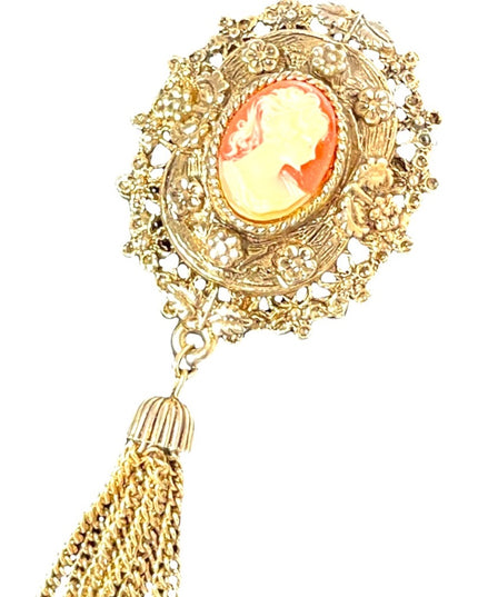 Vintage 1980s Majestic cameo brooch with tassel dangle antiqued