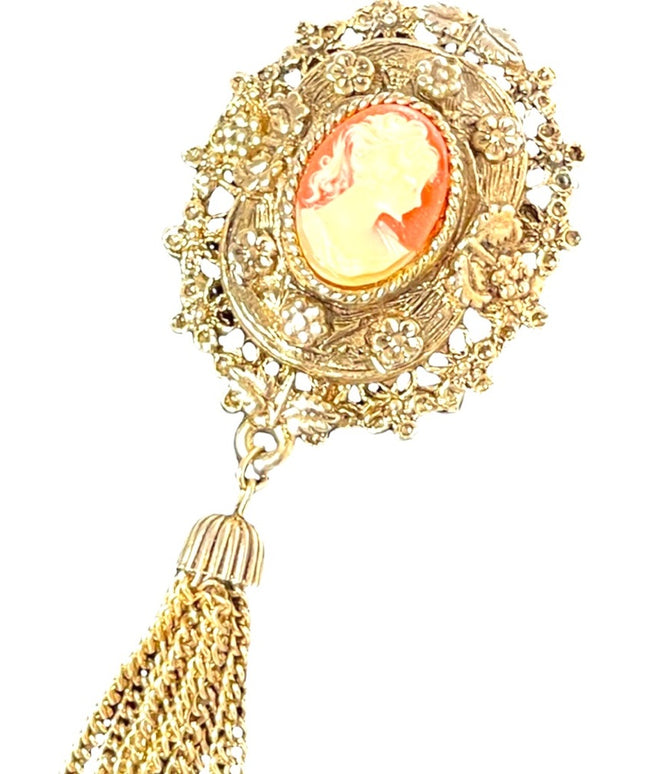 Vintage 1980s Majestic cameo brooch with tassel dangle antiqued