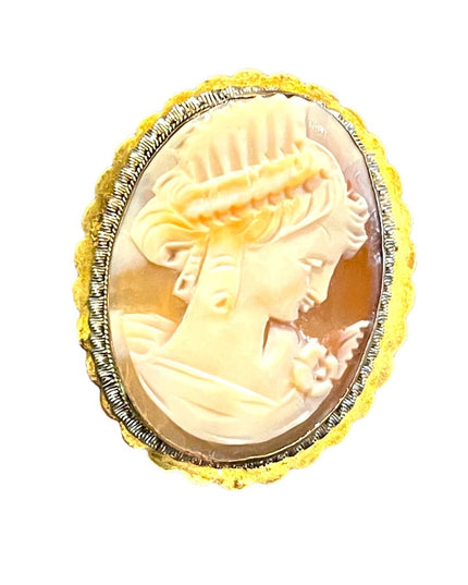 Antique 800 silver Gold plated Carnelian Shell Cameo brooch pendant LG Diana
