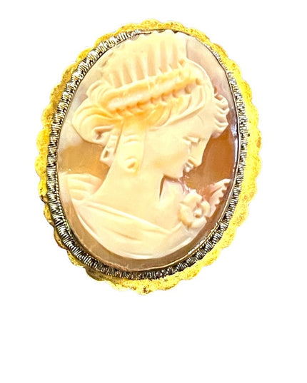 Antique 800 silver Gold plated Carnelian Shell Cameo brooch pendant LG Diana