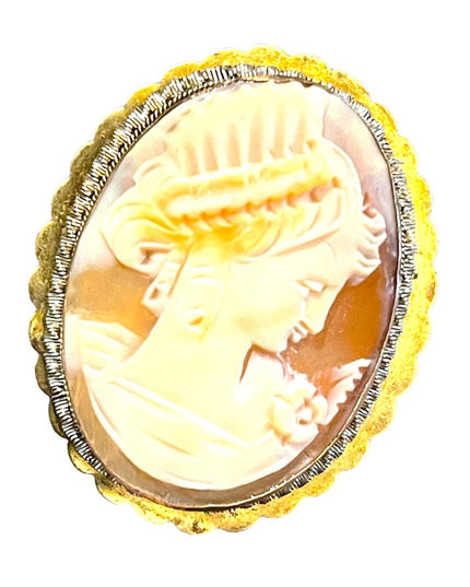 Antique 800 silver Gold plated Carnelian Shell Cameo brooch pendant LG Diana