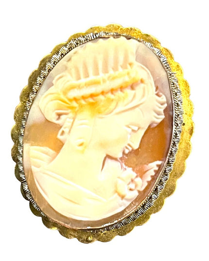 Antique 800 silver Gold plated Carnelian Shell Cameo brooch pendant LG Diana