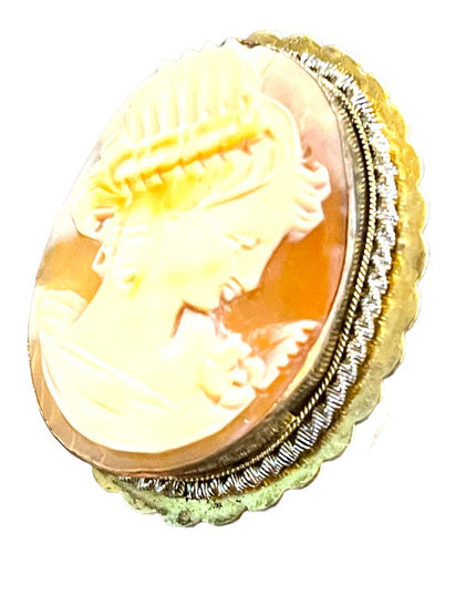 Antique 800 silver Gold plated Carnelian Shell Cameo brooch pendant LG Diana
