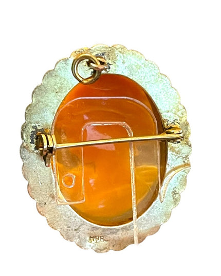 Antique 800 silver Gold plated Carnelian Shell Cameo brooch pendant LG Diana