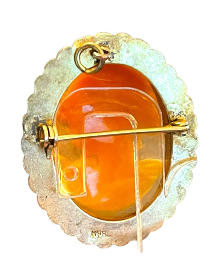 Antique 800 silver Gold plated Carnelian Shell Cameo brooch pendant LG Diana