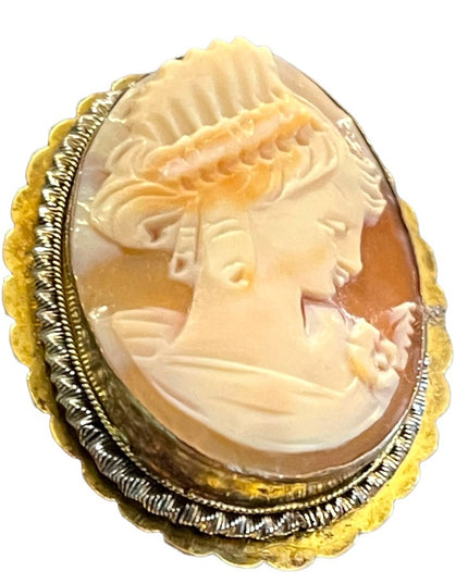 Antique 800 silver Gold plated Carnelian Shell Cameo brooch pendant LG Diana