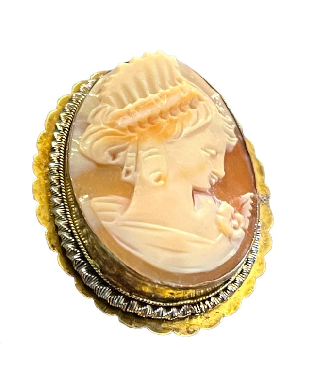Antique 800 silver Gold plated Carnelian Shell Cameo brooch pendant LG Diana
