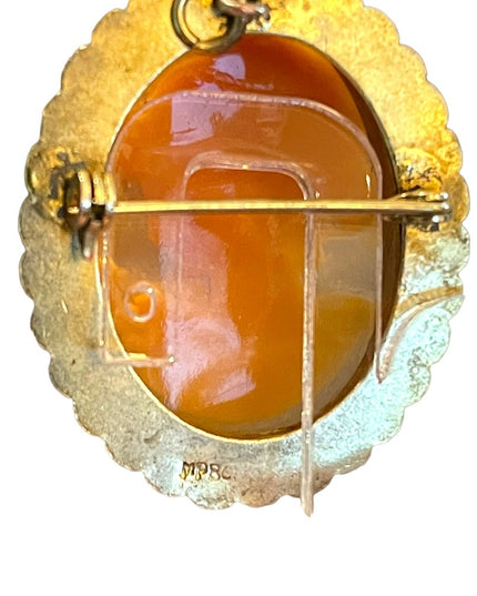 Antique 800 silver Gold plated Carnelian Shell Cameo brooch pendant LG Diana
