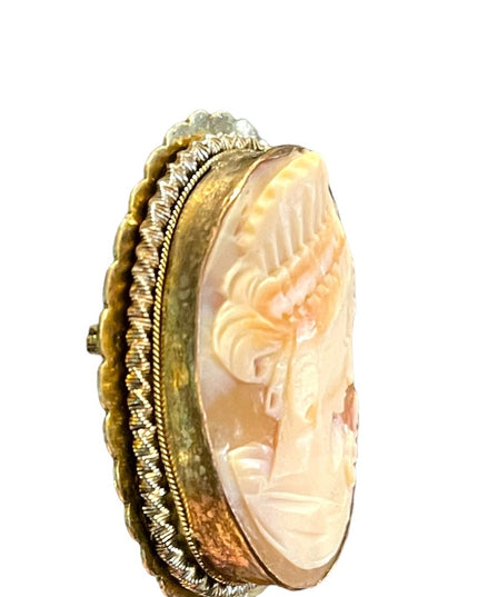 Antique 800 silver Gold plated Carnelian Shell Cameo brooch pendant LG Diana