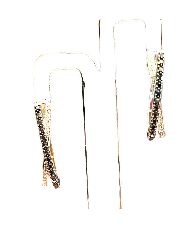 Sterling silver  black & white REAL diamond fancy dangle hoop earrings