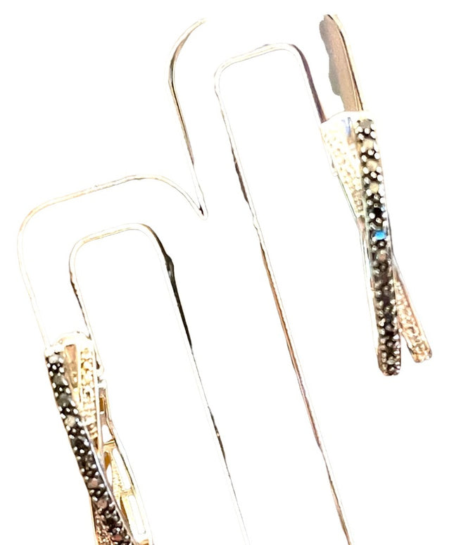 Sterling silver  black & white REAL diamond fancy dangle hoop earrings