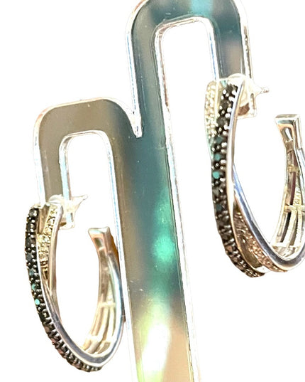 Sterling silver  black & white REAL diamond fancy dangle hoop earrings