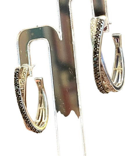 Sterling silver  black & white REAL diamond fancy dangle hoop earrings