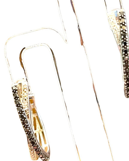 Sterling silver  black & white REAL diamond fancy dangle hoop earrings
