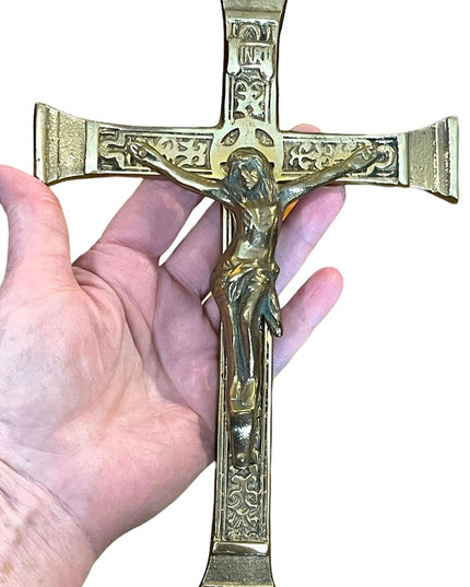 Vintage 1950s Solid brass HEAVY Catholic Crucifix Wall hanging Etched