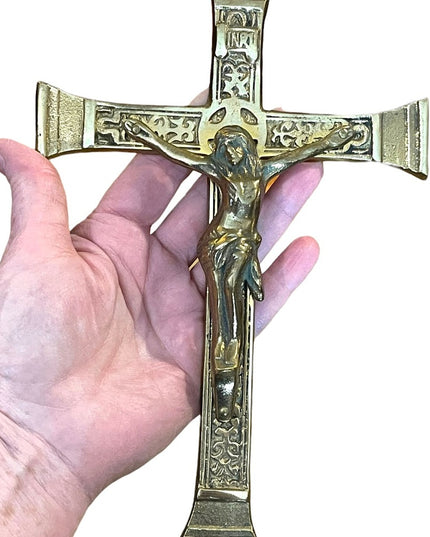 Vintage 1950s Solid brass HEAVY Catholic Crucifix Wall hanging Etched