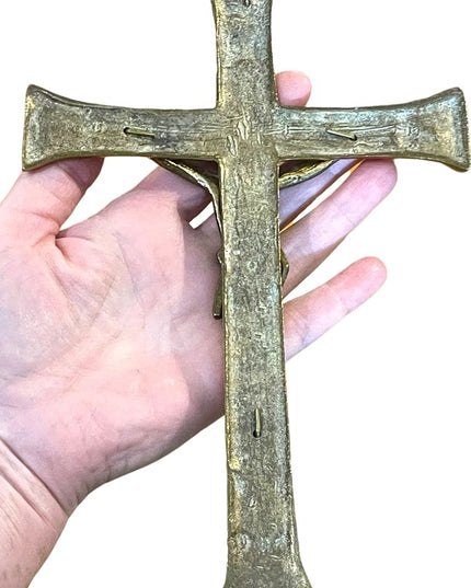Vintage 1950s Solid brass HEAVY Catholic Crucifix Wall hanging Etched
