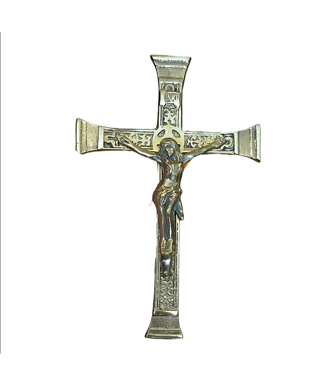 Vintage 1950s Solid brass HEAVY Catholic Crucifix Wall hanging Etched