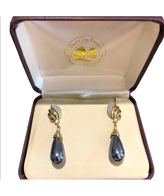 Vintage Hudson Bay Faux Tahisian Pearl gold rhinestone dangle earrings Orig Box