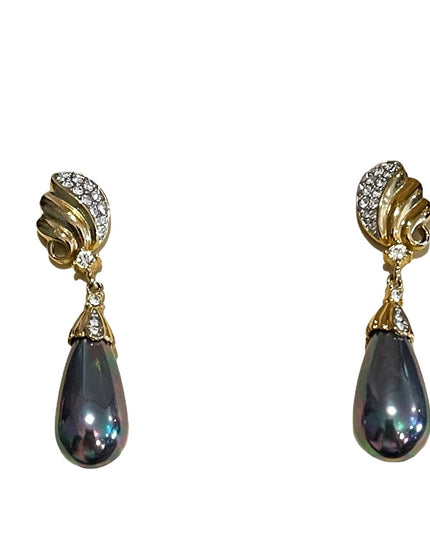 Vintage Hudson Bay Faux Tahisian Pearl gold rhinestone dangle earrings Orig Box