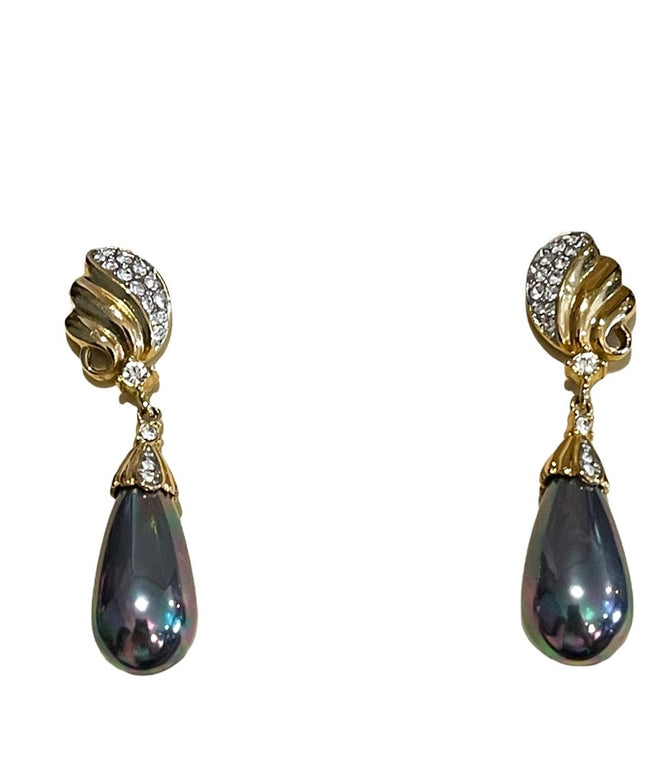 Vintage Hudson Bay Faux Tahisian Pearl gold rhinestone dangle earrings Orig Box