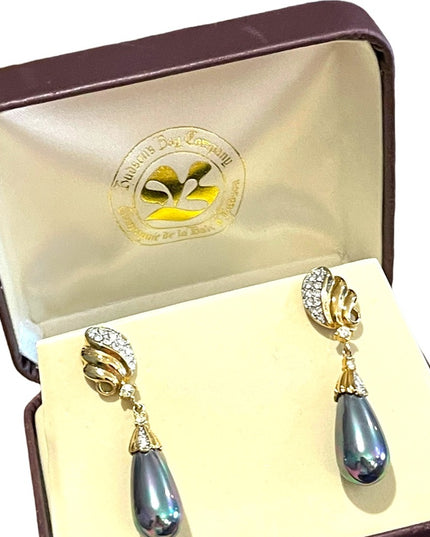 Vintage Hudson Bay Faux Tahisian Pearl gold rhinestone dangle earrings Orig Box